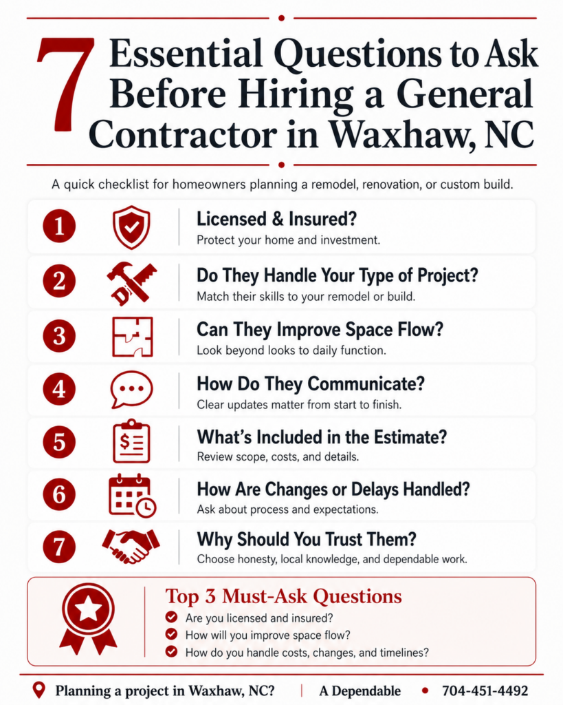 7 Essential Questions to Ask Before Hiring a General Contractor in Waxhaw, NC Infographic | A Dependable