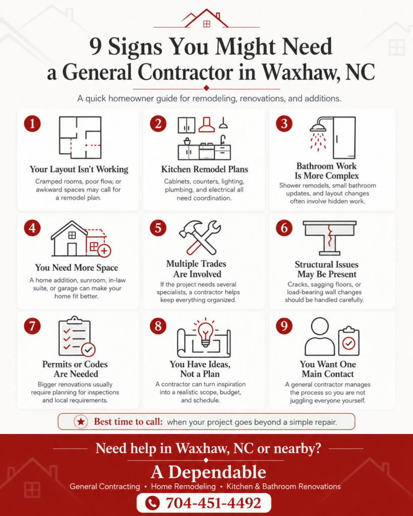 9 Signs You Might Need a General Contractor in Waxhaw, NC Right Now Infographic | A Dependable